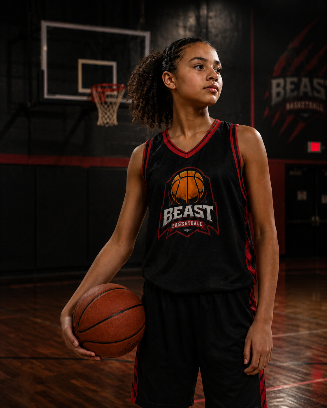Beast Basketball player holding a ball on a dark indoor court